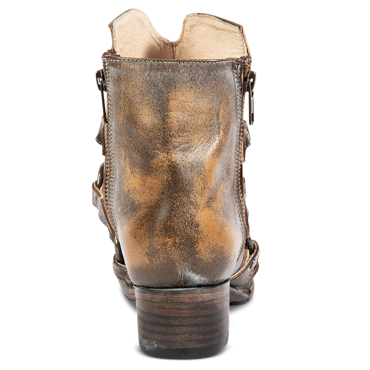 Back view showing a low block heel and inside working zipper on FREEBIRD women's Grady ice leather bootie