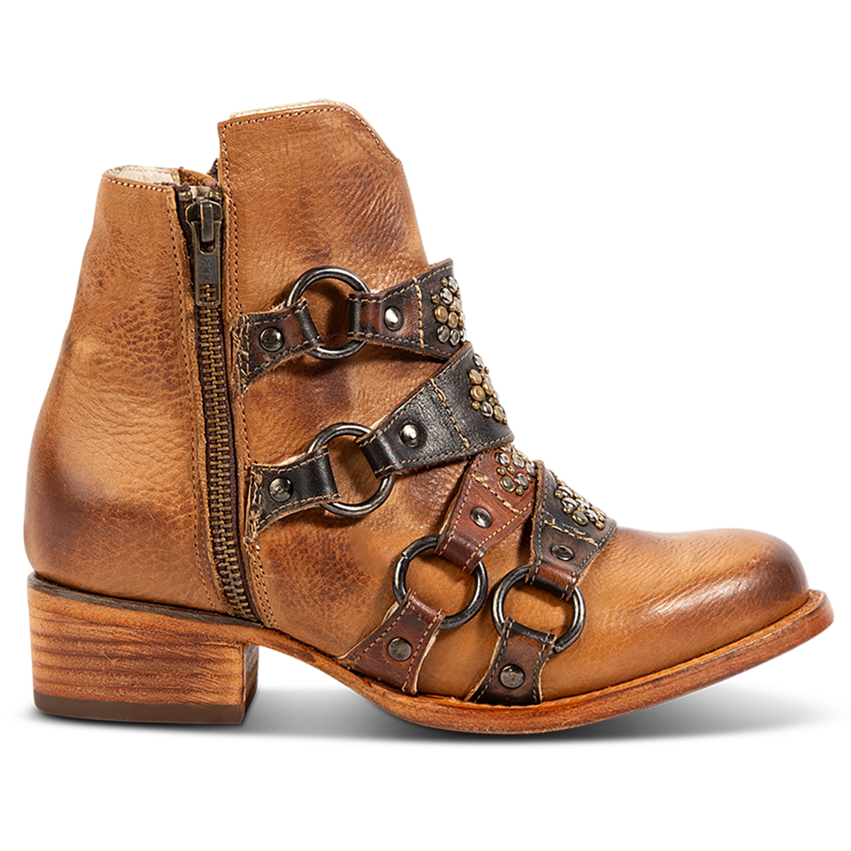 FREEBIRD women's Grady tan leather bootie with an inside working zipper, low bock heel and abstract shaft belt detailing