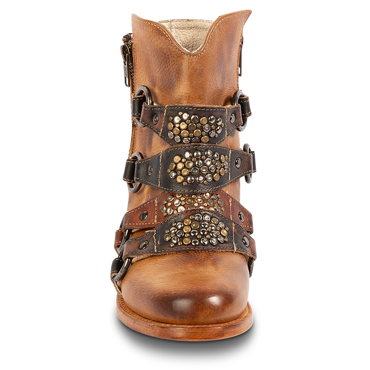 Front view showing FREEBIRD women's Grady tan leather bootie with an inside working zipper, low bock heel and abstract shaft belt detailing