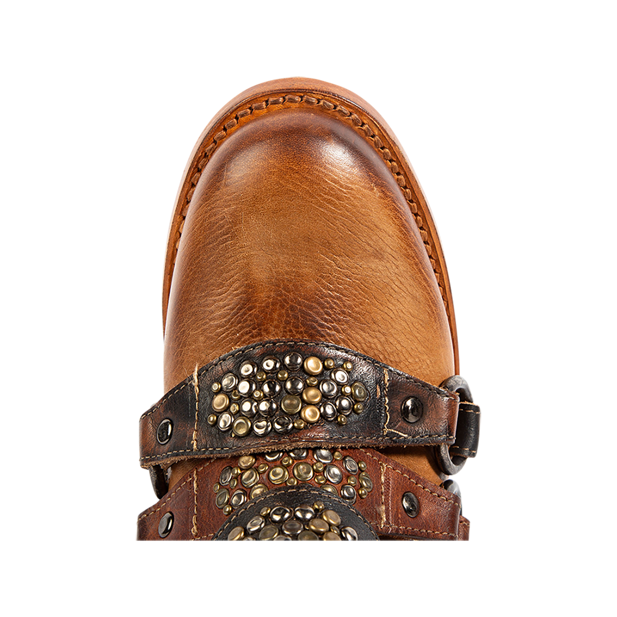 Top view showing a rounded toe on FREEBIRD women's Grady tan leather bootie