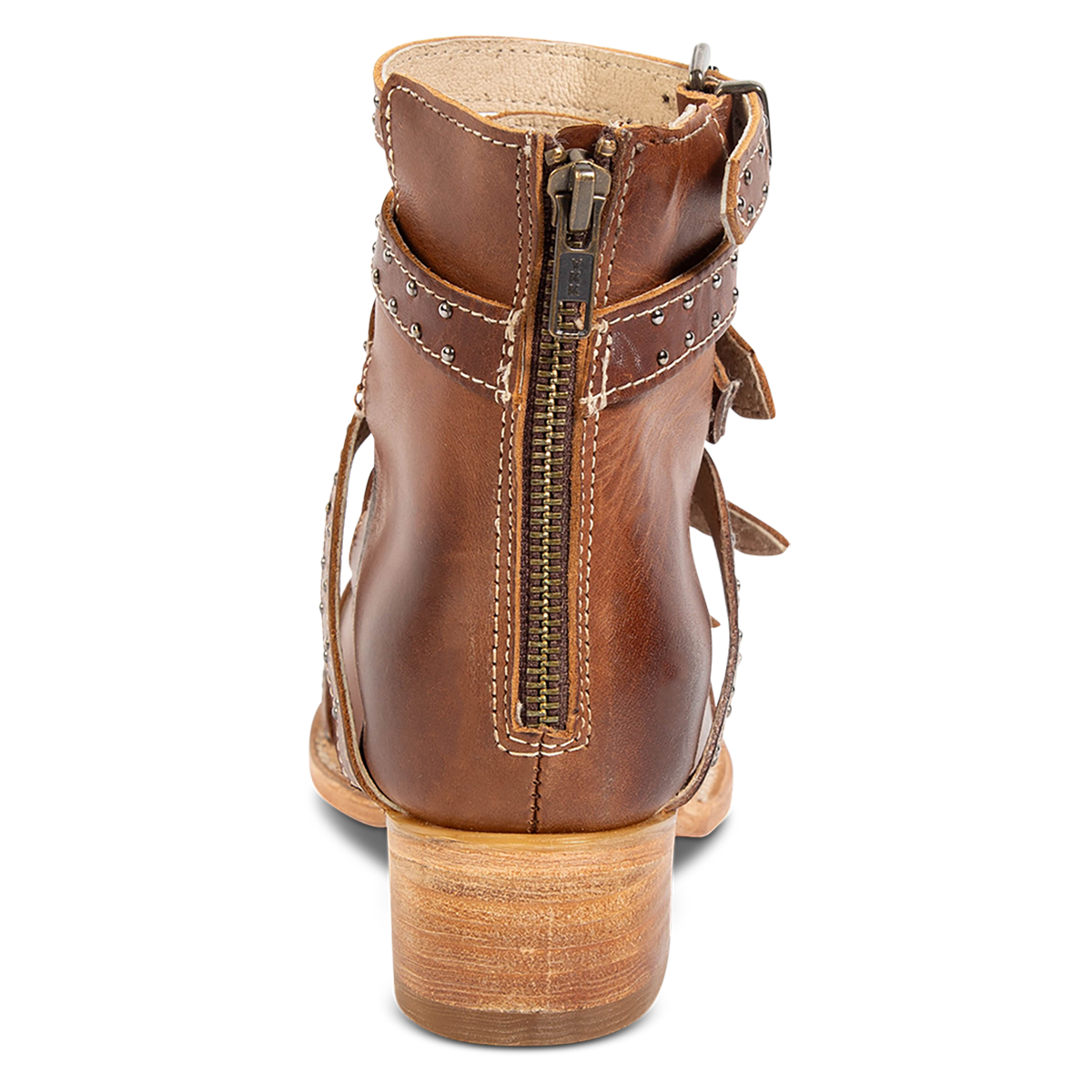 Back view showing a working brass zipper and low block heel on FREEBIRD women's Gunnar cognac leather sandal