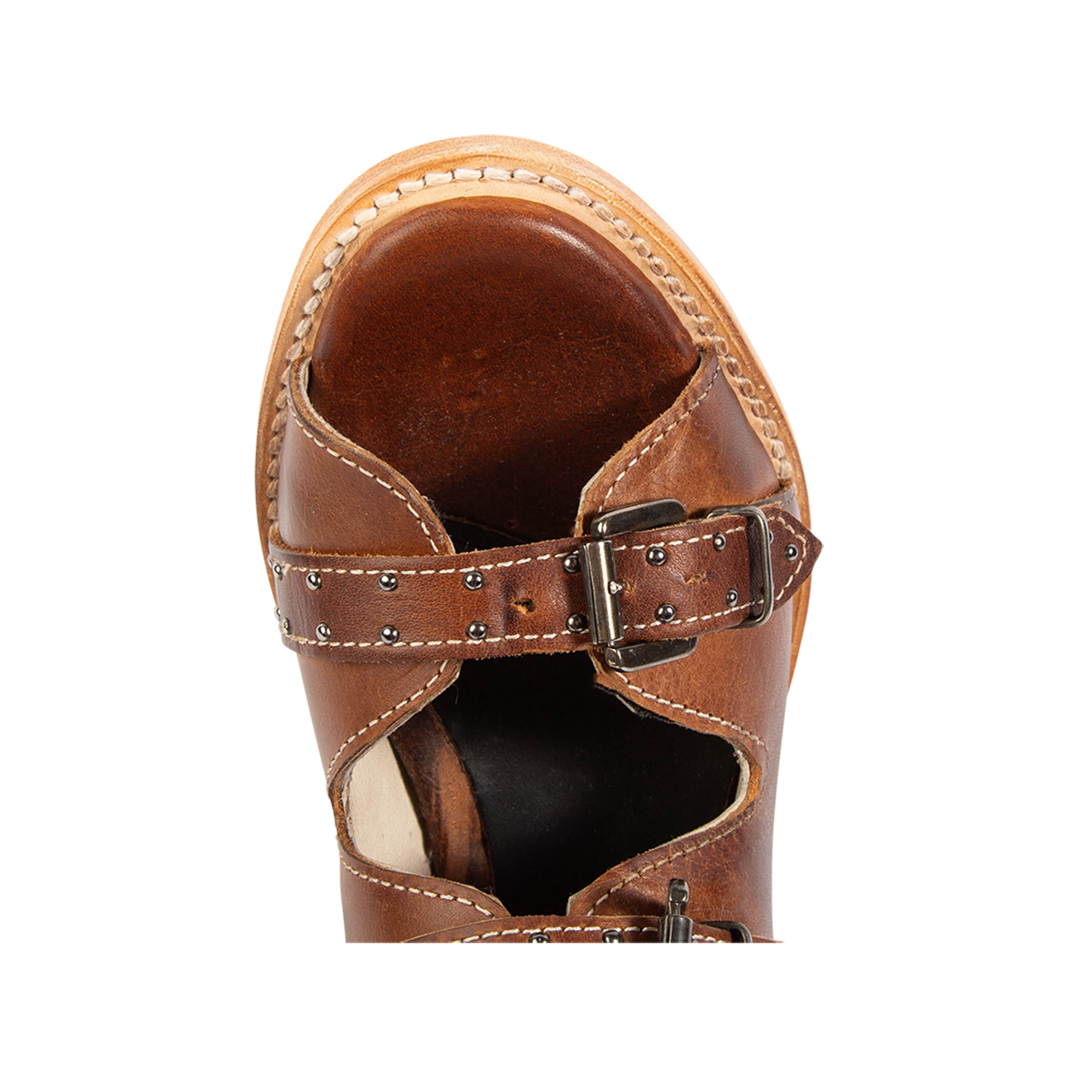 Top view showing an open toe construction and adjustable leather straps on FREEBIRD women's Gunnar cognac leather sandal