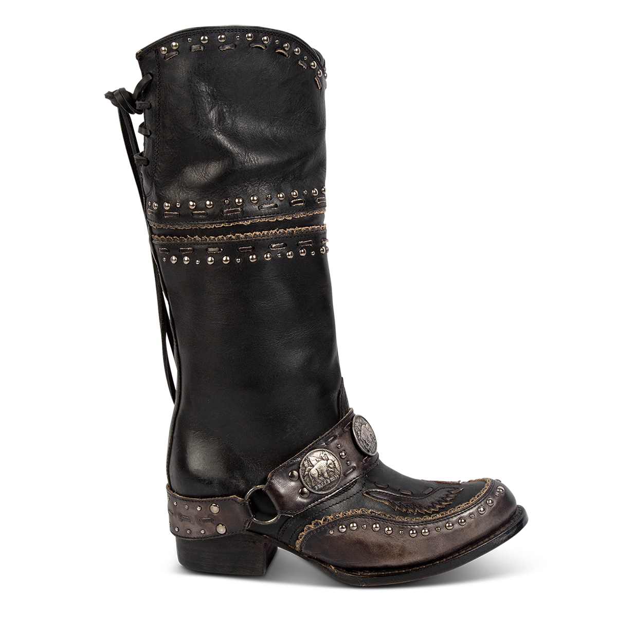 FREEBIRD women's Gynger black leather boot with a harness belt, stud embellishments and signature stitching