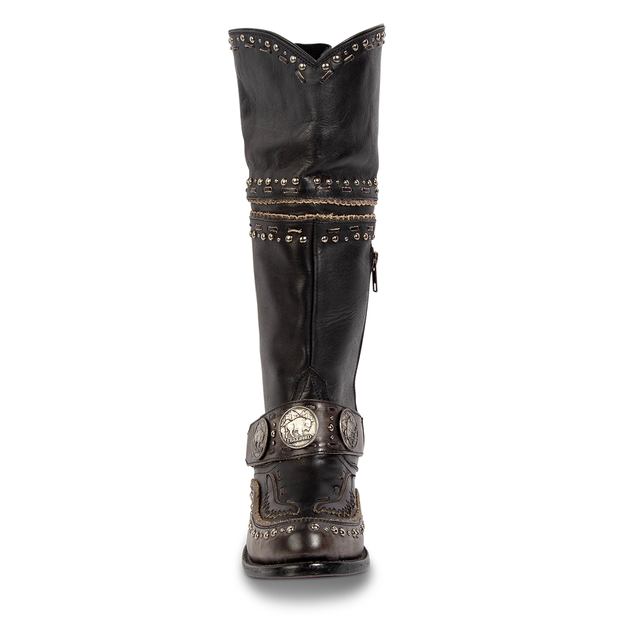 Front view showing FREEBIRD women's Gynger black leather boot with a harness belt, stud embellishments and signature stitching