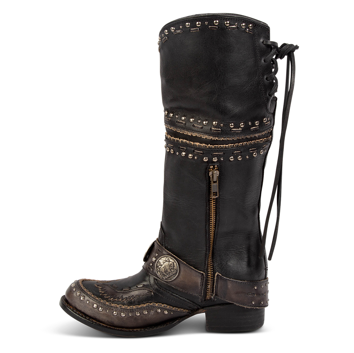 Inside view showing FREEBIRD women's Gynger black leather boot with a harness belt, stud embellishments and signature stitching and inside working zipper