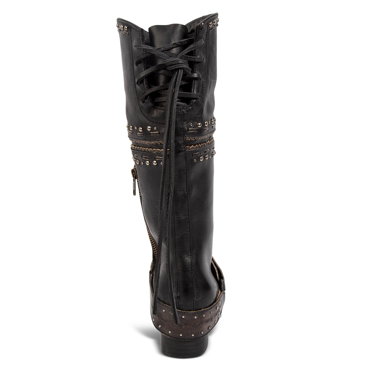 Back view showing FREEBIRD women's Gynger black leather boot with decorative lacing and a low block heel