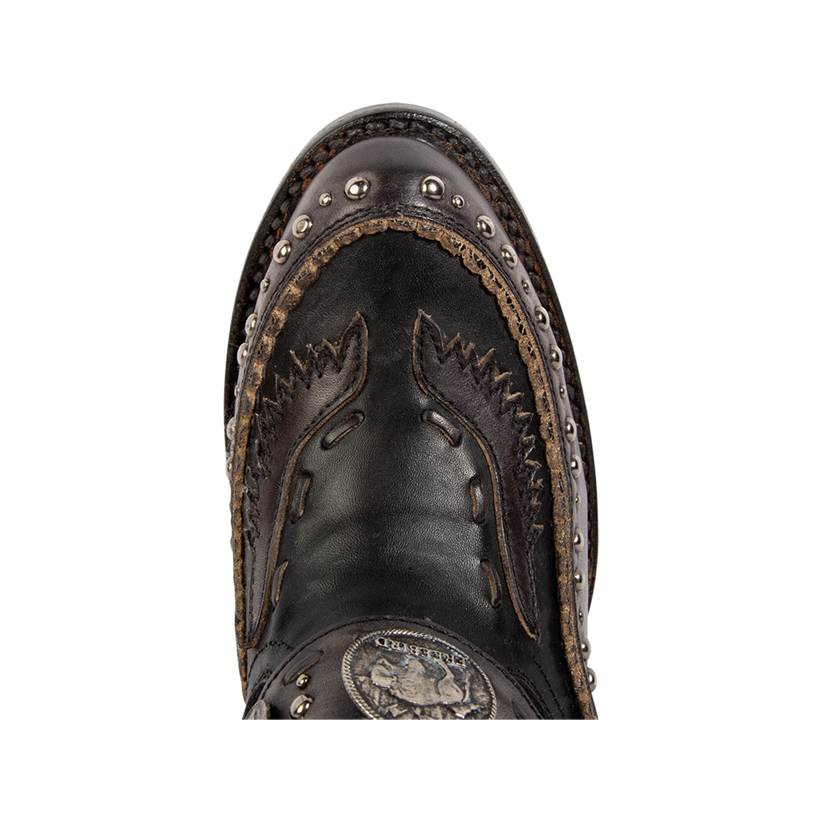 Top view showing an almond toe with stud embellishments, signature stitching and coin belt on FREEBIRD women's Gynger black leather boot