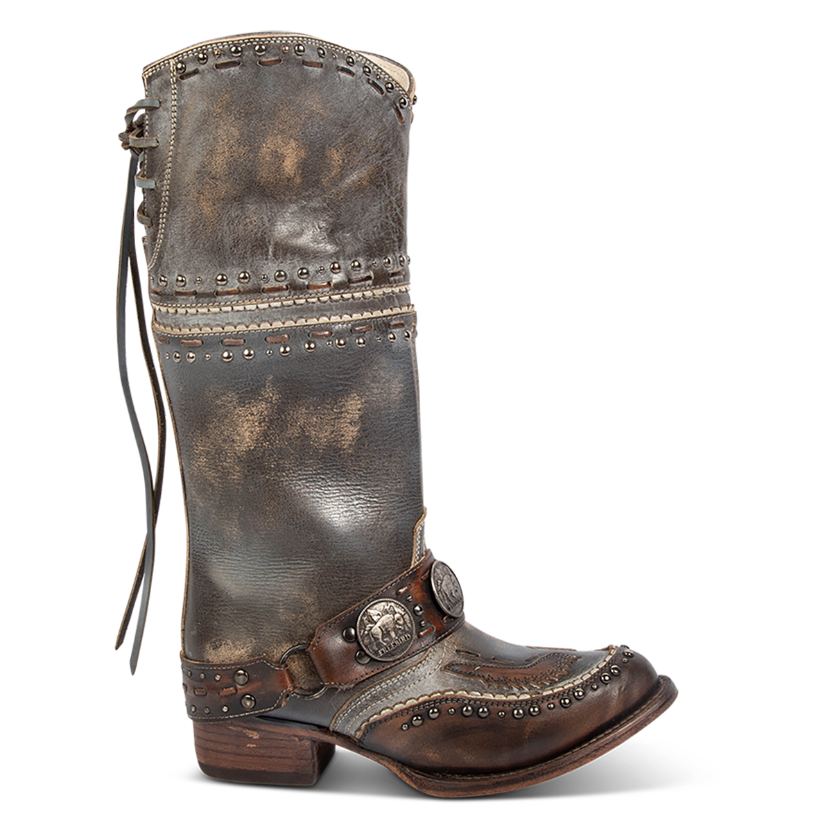 FREEBIRD women's Gynger ice leather boot with a harness belt, stud embellishments and signature stitching