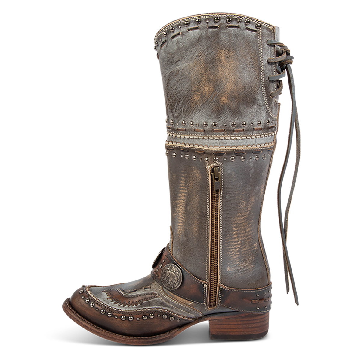 Inside view showing FREEBIRD women's Gynger ice leather boot with a harness belt, stud embellishments and signature stitching and inside working zipper