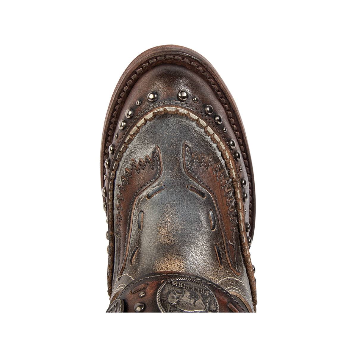 Top view showing an almond toe with stud embellishments, signature stitching and coin belt on FREEBIRD women's Gynger ice leather boot