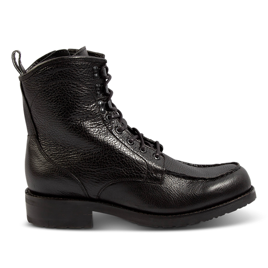 FREEBIRD men's Idaho black leather boot with front tie lacing, a Goodyear welt and working brass zipper