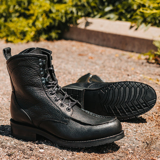 FREEBIRD men's Idaho black leather boot with front tie lacing, a Goodyear welt and working brass zipper