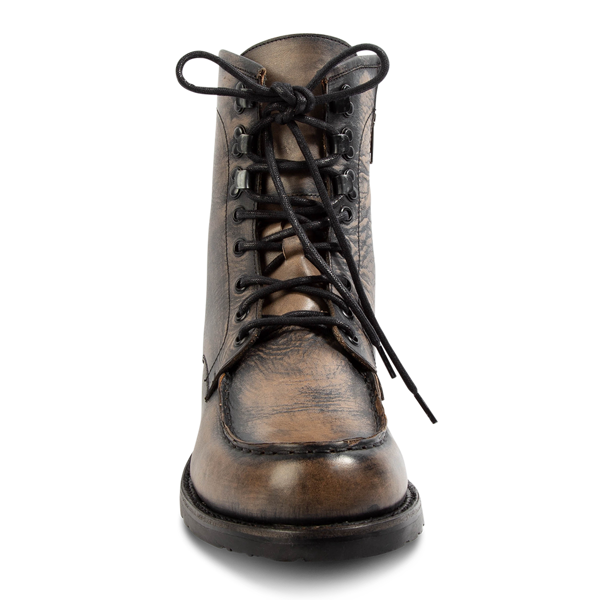 Front view showing FREEBIRD men's Idaho steel leather boot with front tie lacing, a rounded toe and leather pull strap