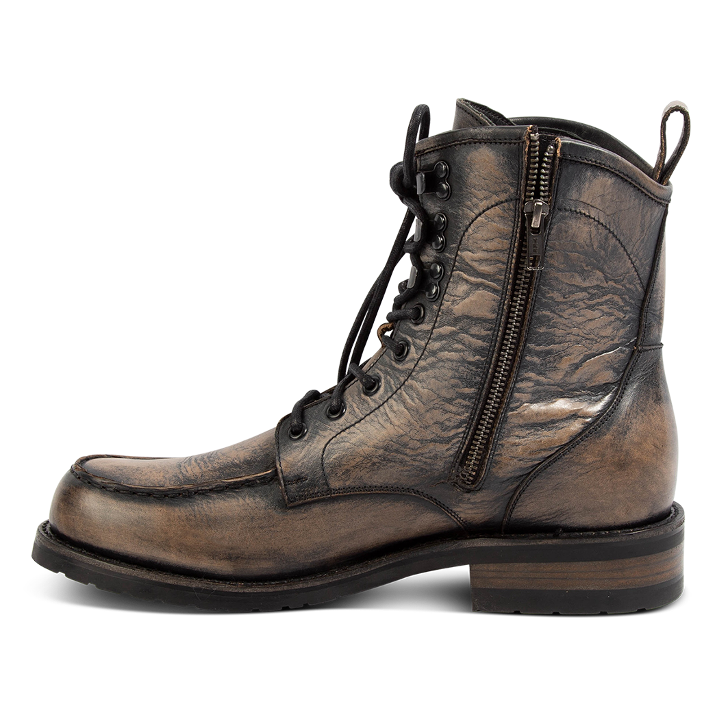 Inside view showing front tie lacing, an inside working brass zipper and leather pull strap on FREEBIRD men's Idaho steel leather boot