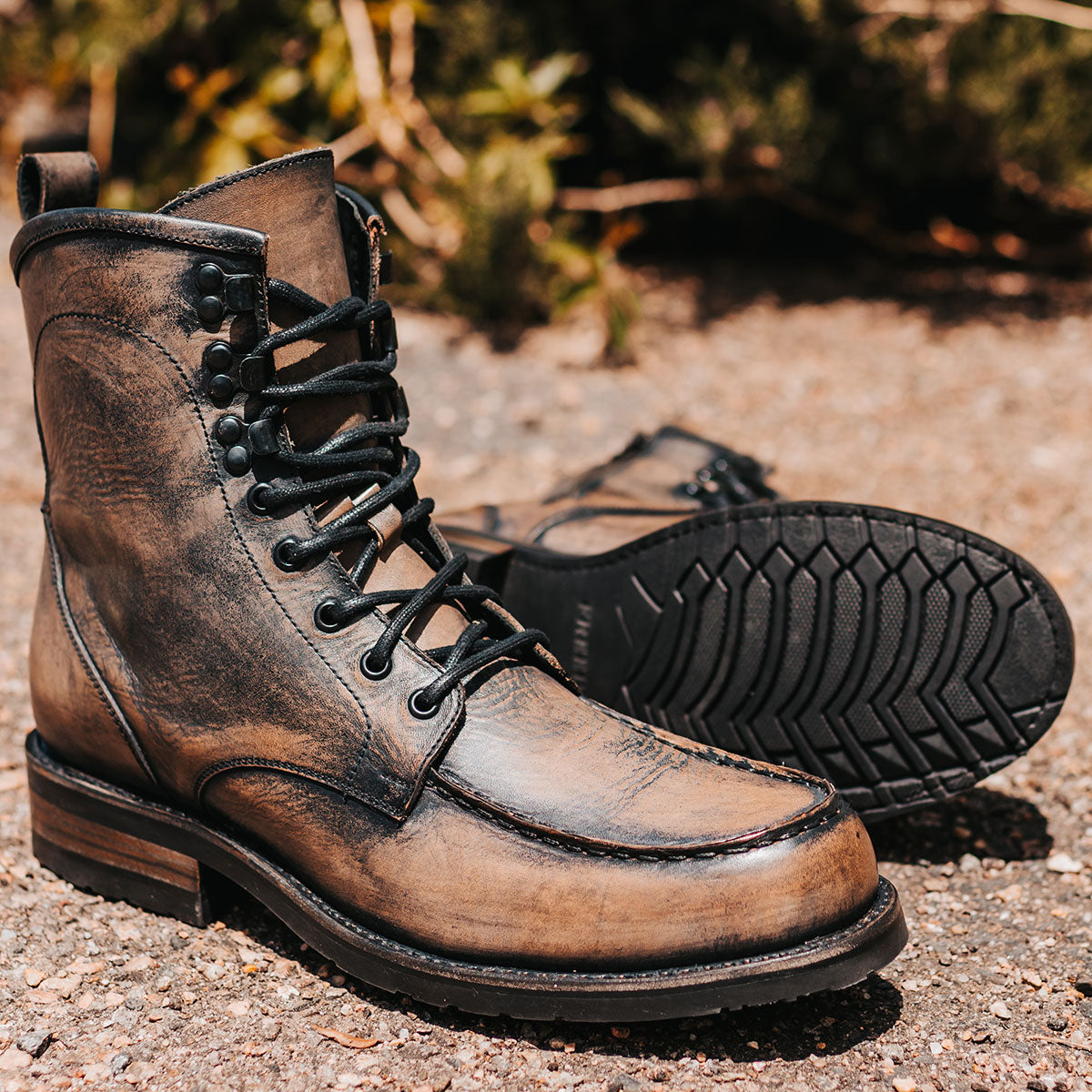 FREEBIRD men's Idaho steel leather boot with front tie lacing, a Goodyear welt and working brass zipper