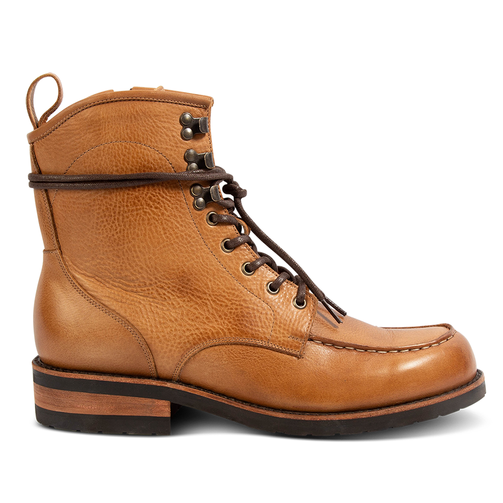 FREEBIRD men's Idaho whiskey leather boot with front tie lacing, a Goodyear welt and working brass zipper