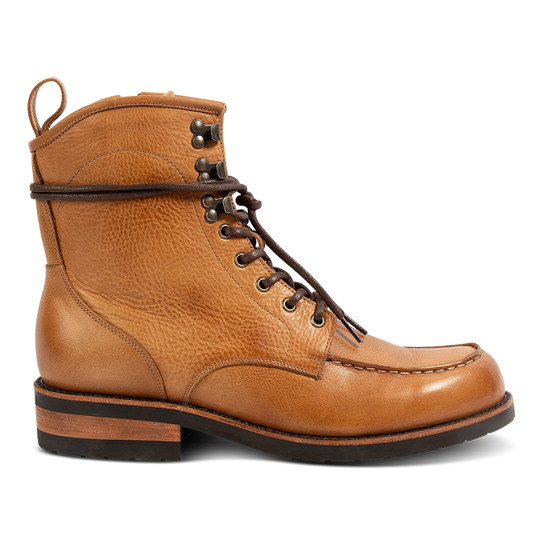 FREEBIRD men's Idaho whiskey leather boot with front tie lacing, a Goodyear welt and working brass zipper