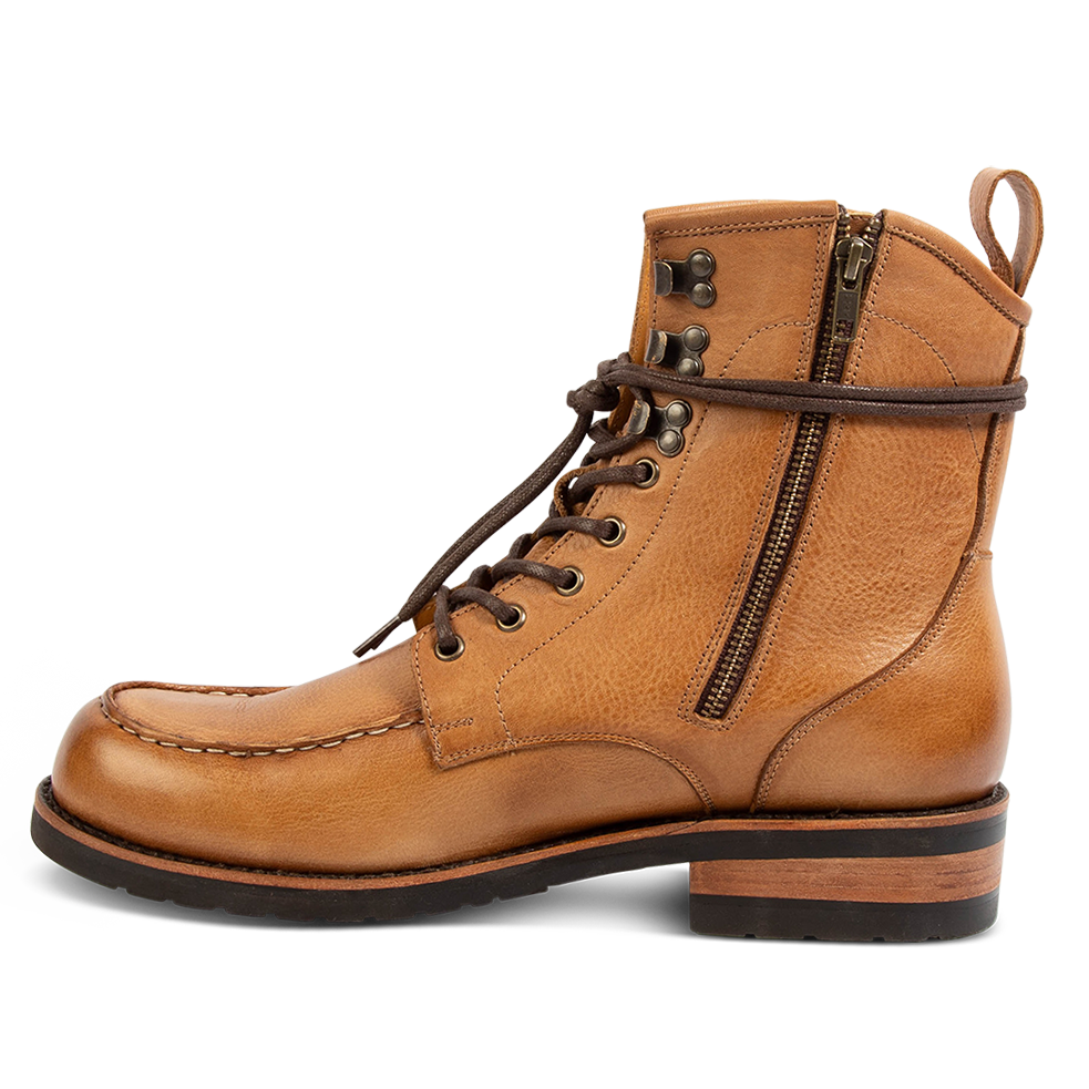 Inside view showing front tie lacing, an inside working brass zipper and leather pull strap on FREEBIRD men's Idaho whiskey leather boot