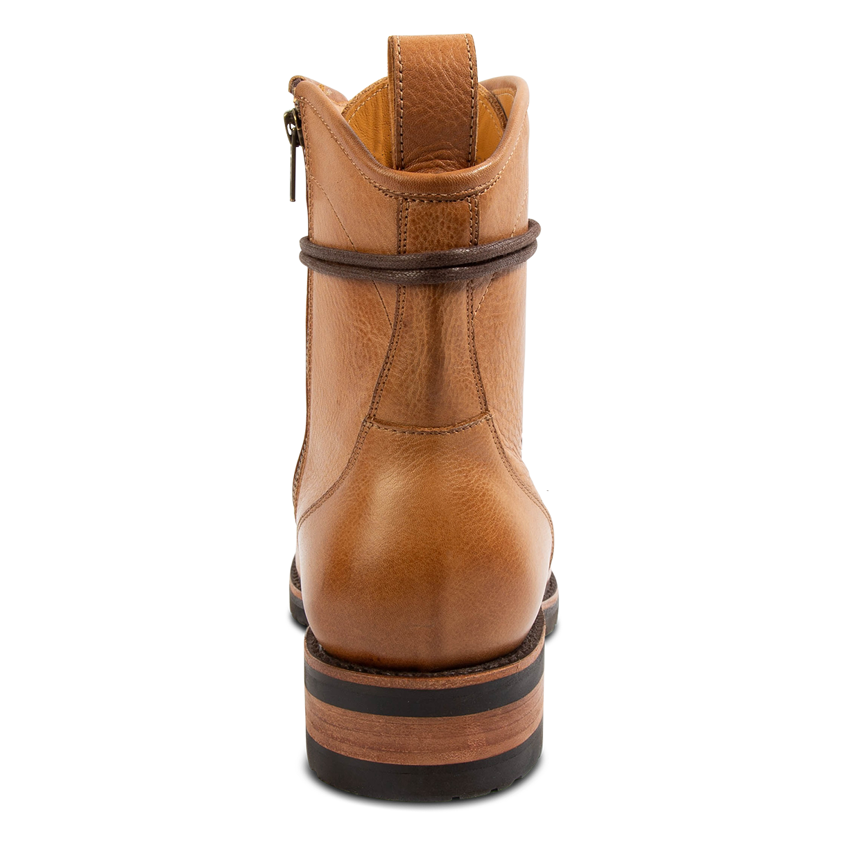 Back view showing a leather pull strap and elevated heel on FREEBIRD men's Idaho whiskey leather boot