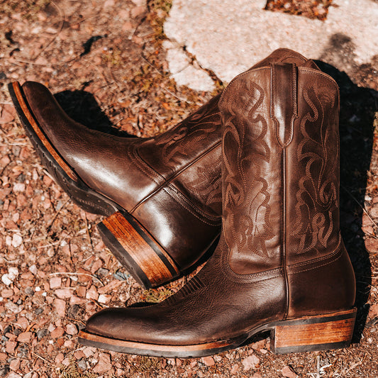 FREEBIRD men's James brown leather boot with traditional Western stitching, tread sole and leather pull straps 