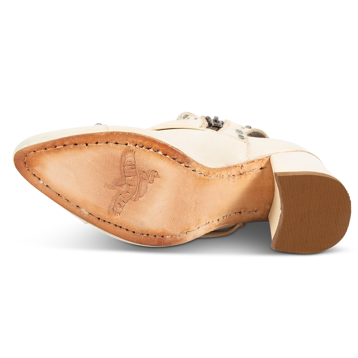 Leather sole imprinted with FREEBIRD on women's Jericho beige bootie