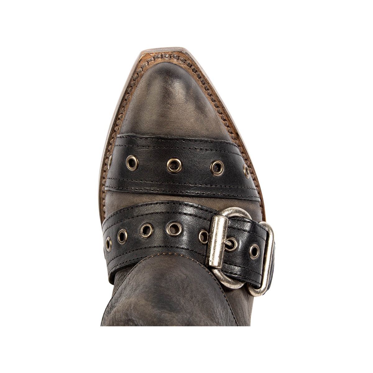 Top view showing a pointed toe and decorative belts on FREEBIRD women's Jermaine black distressed leather boot