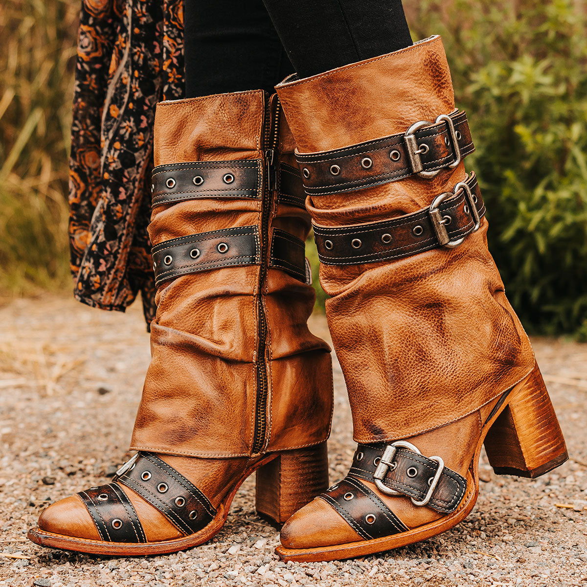 FREEBIRD women's Jermaine tan leather boot with adjustable shaft belts, inside working zipper and tall stacked heel