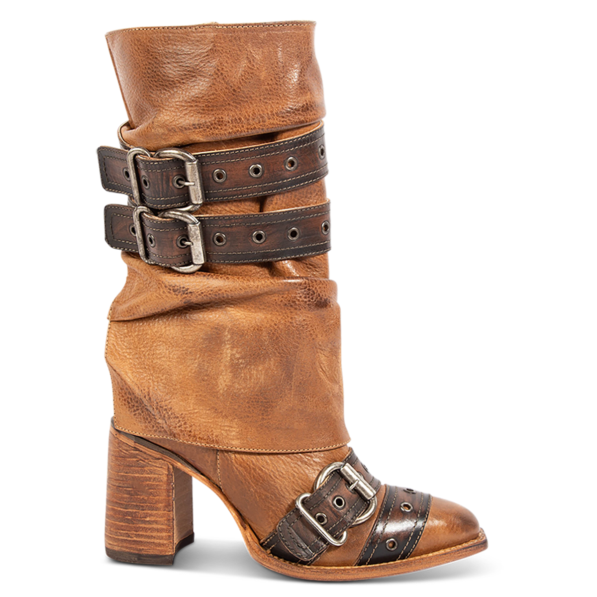 FREEBIRD women's Jermaine tan leather boot with adjustable shaft belts, inside working zipper and tall stacked heel