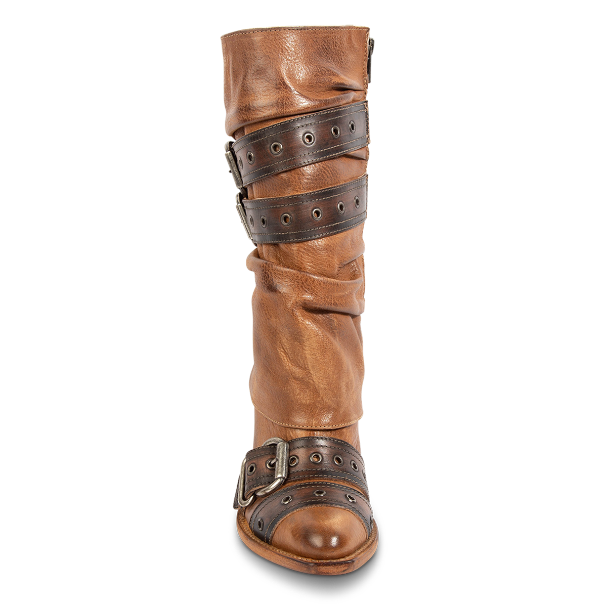 Front view showing FREEBIRD women's Jermaine tan leather boot with adjustable shaft belts, a leather shaft overlay and pointed toe