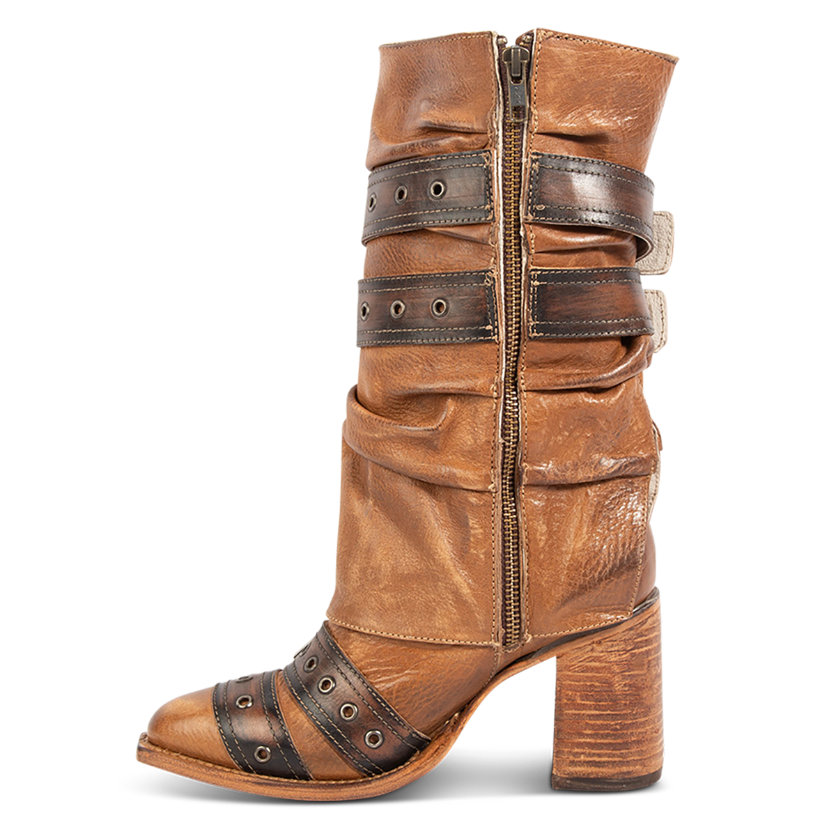 Inside view showing FREEBIRD women's Jermaine tan leather boot with an inside working zipper, tall stacked heel and pointed toe