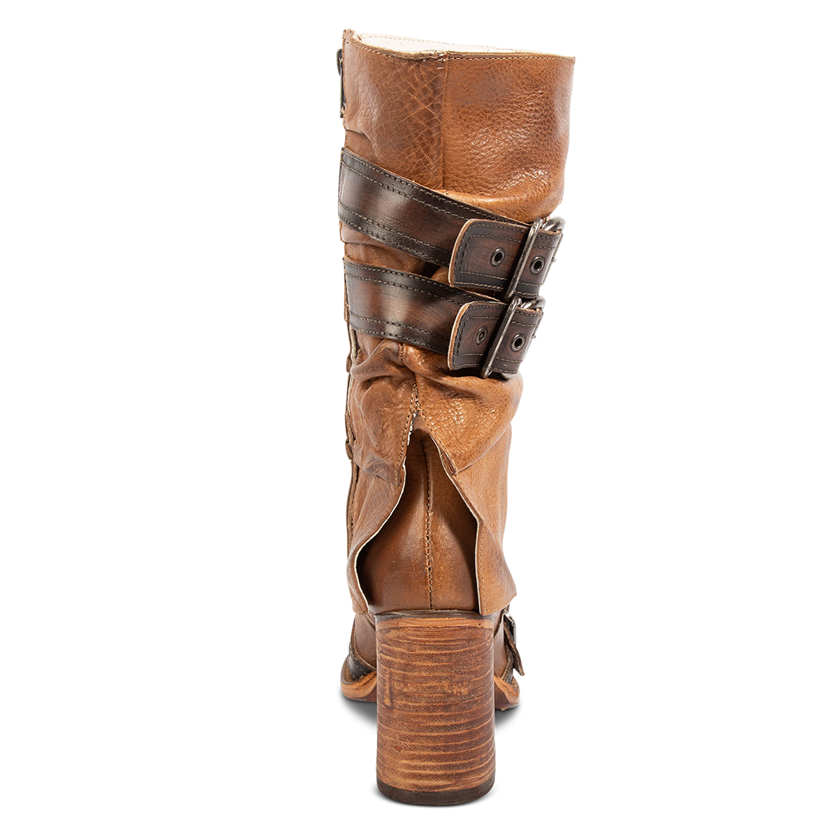 Back view showing FREEBIRD women's Jermaine tan leather boot with a tall stacked heel and leather shaft overlay