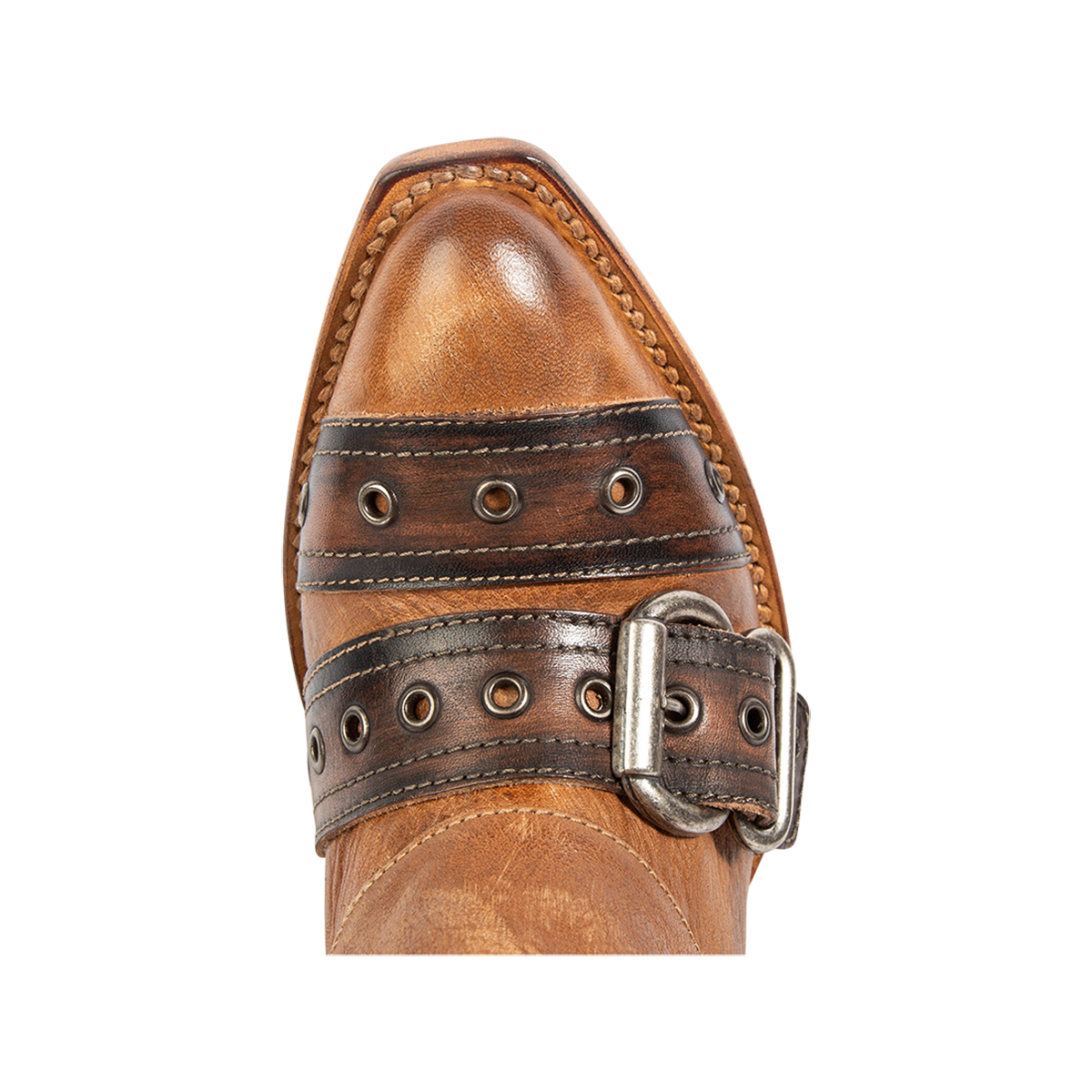 Top view showing a pointed toe and decorative belts on FREEBIRD women's Jermaine tan leather boot