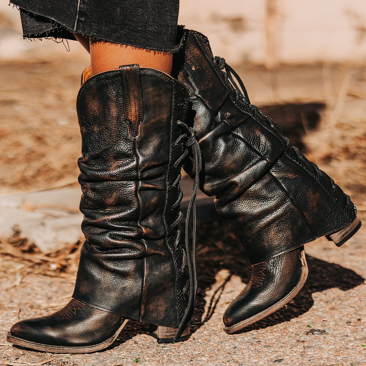 FREEBIRD women's Jules black leather high flare heel western boot with stitch detailing and back lacing