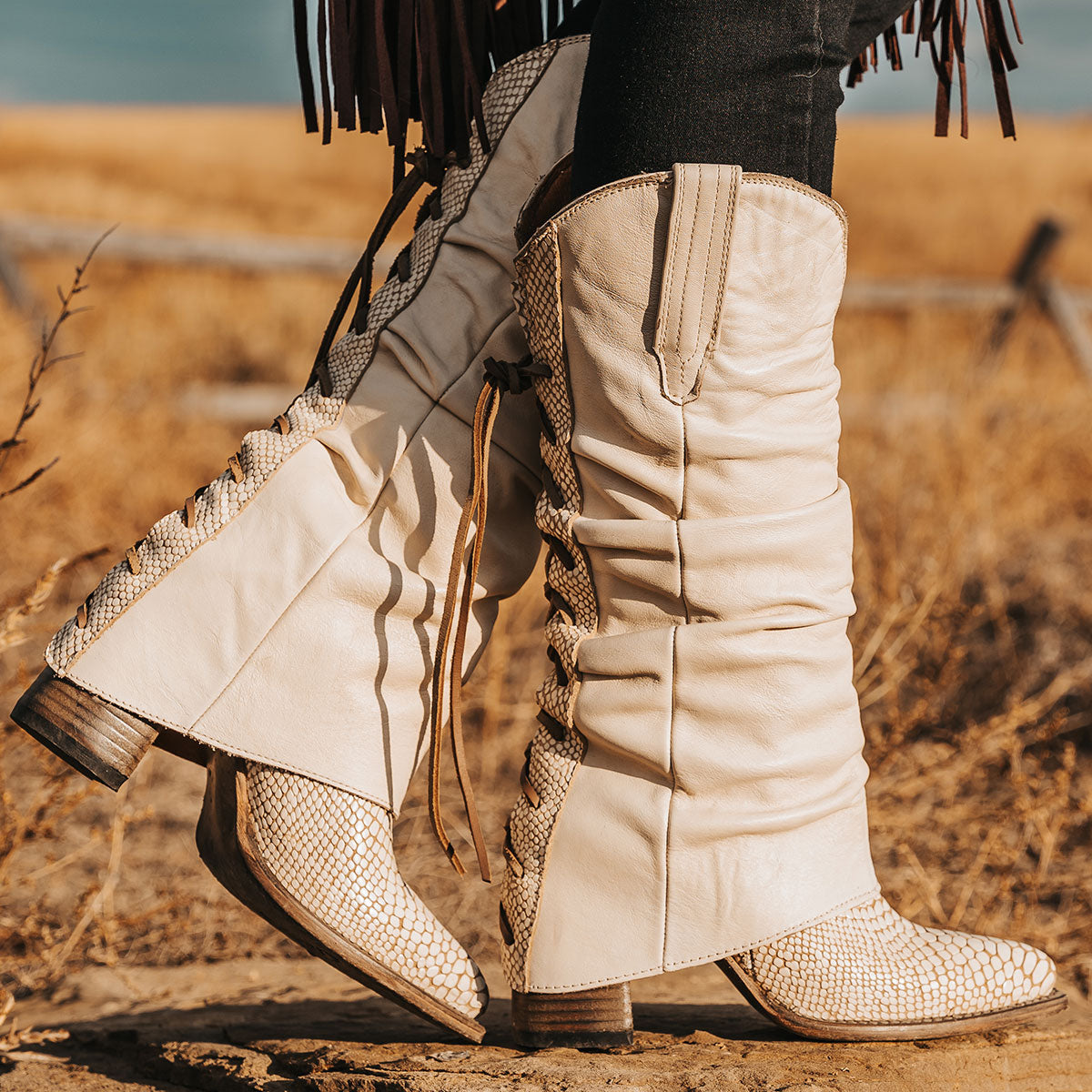 FREEBIRD women's Jules white snake leather high flare heel western boot with stitch detailing and back lacing