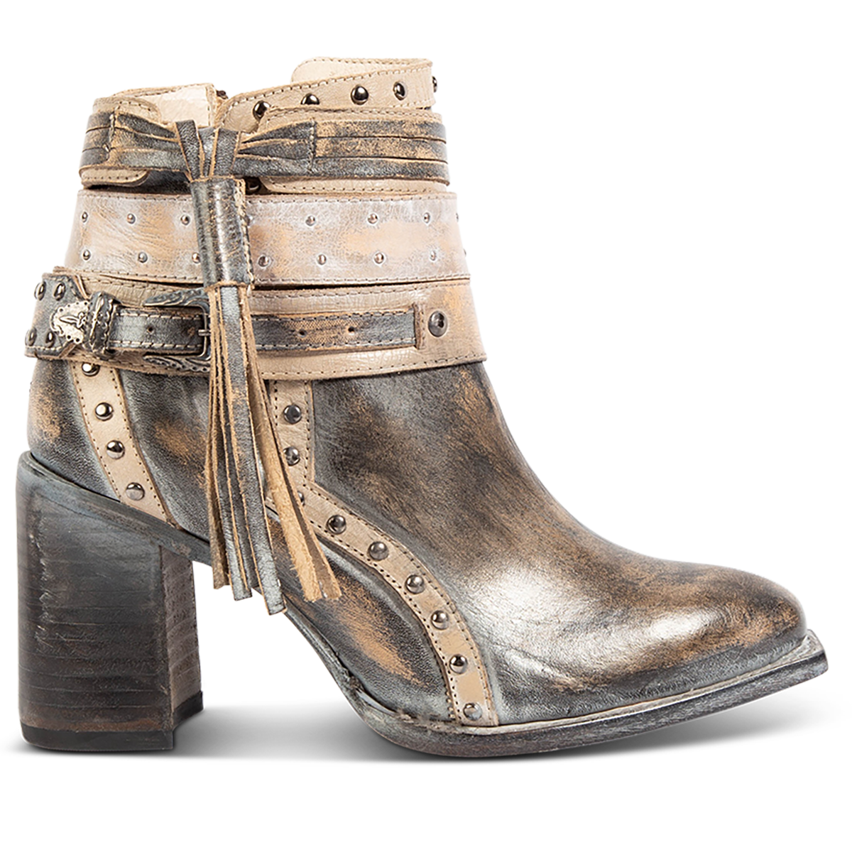 FREEBIRD women's Julius ice multi leather bootie with a stacked heel, inside working zipper and decorative shaft details