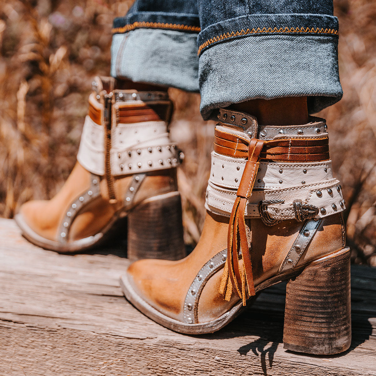 FREEBIRD women's Julius natural multi leather bootie with a stacked heel, inside working zipper and decorative shaft details