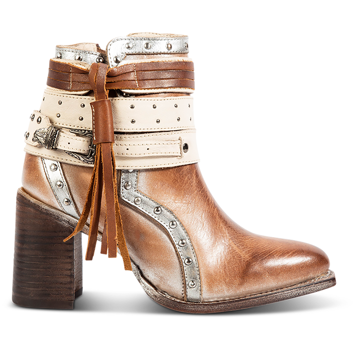 FREEBIRD women's Julius natural multi leather bootie with a stacked heel, inside working zipper and decorative shaft details