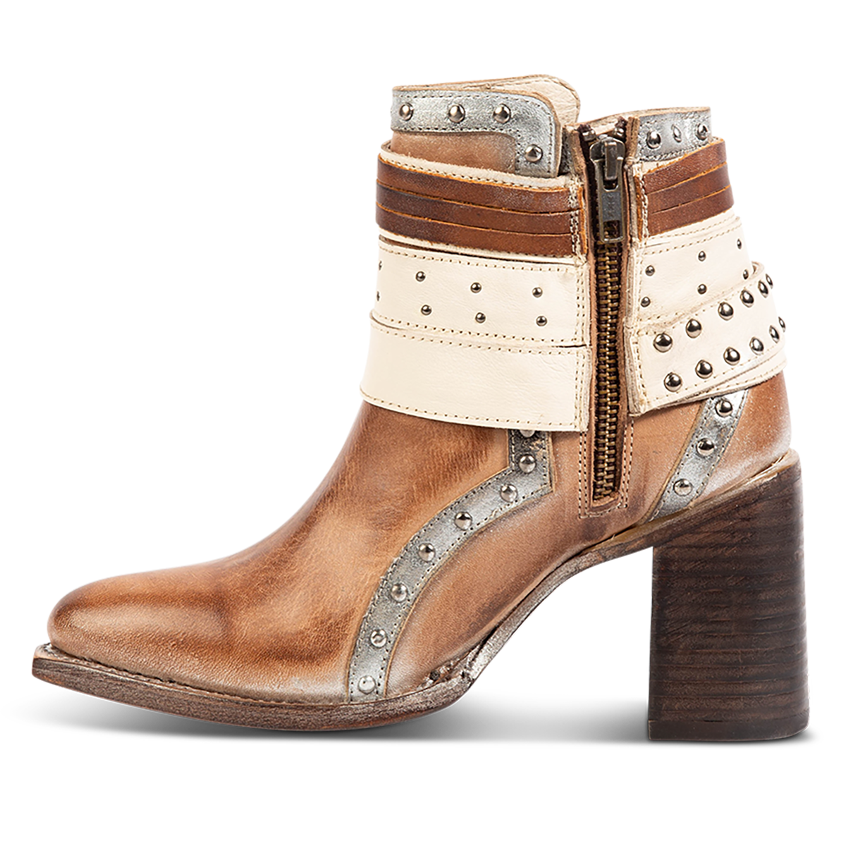 Inside view showing FREEBIRD women's Julius natural multi leather bootie with a stacked heel, inside working zipper and decorative shaft details