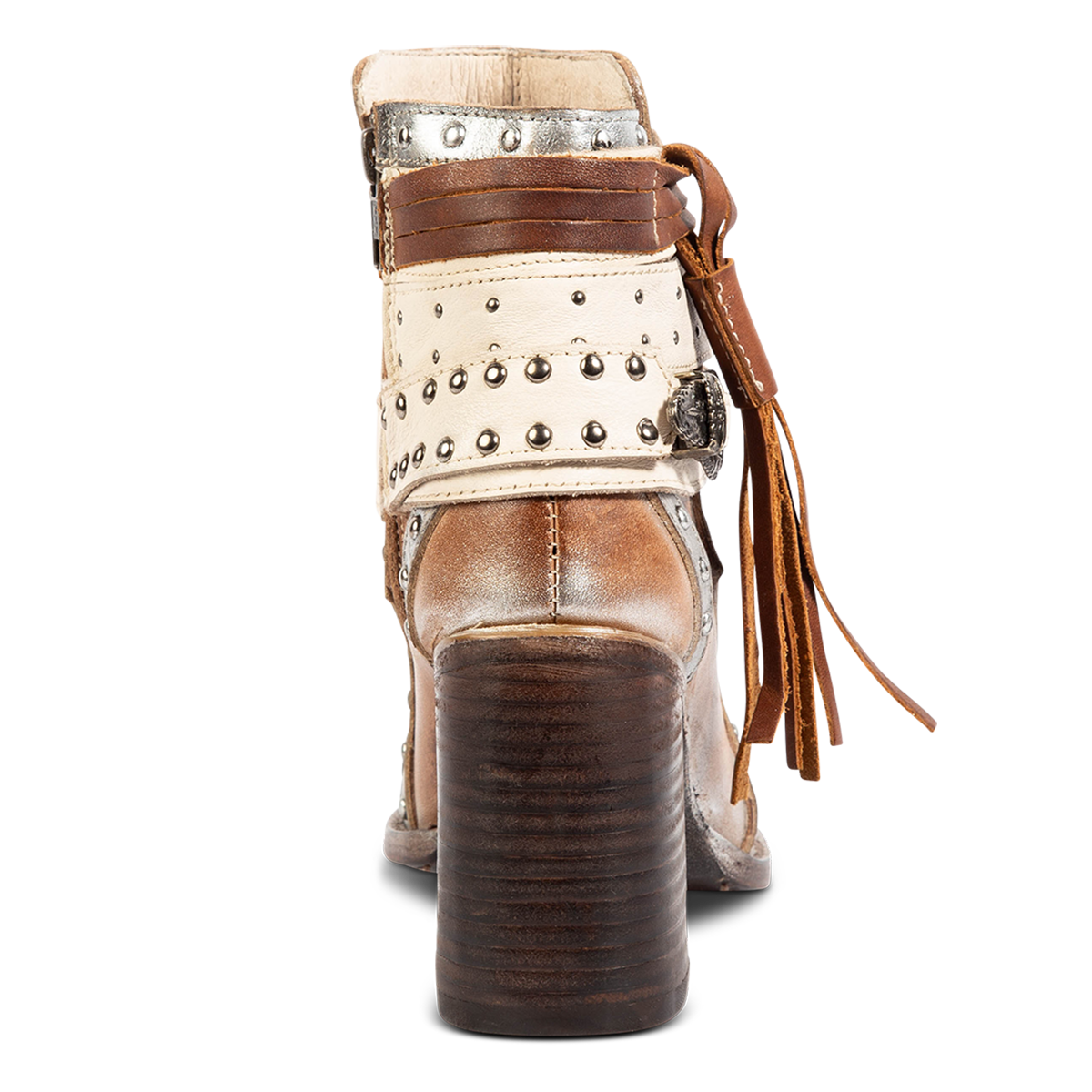 Back view showing FREEBIRD women's Julius natural multi leather bootie with a stacked heel, inside working zipper and decorative shaft details