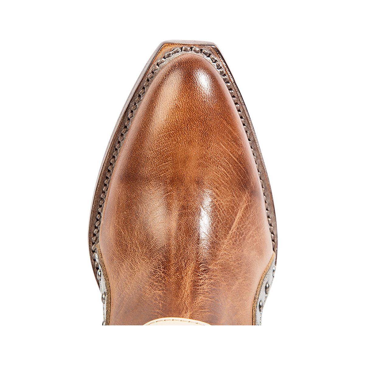 Top view showing snip toe construction on FREEBIRD women's Julius natural multi leather bootie