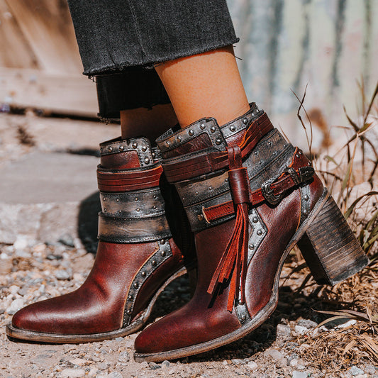 FREEBIRD women's Julius red multi leather bootie with a stacked heel, inside working zipper and decorative shaft details