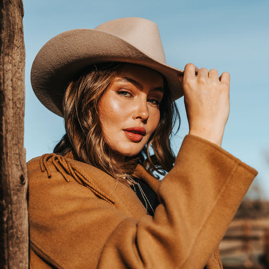 FREEBIRD women's Kolten beige wool hat with a curved brim, front pinch crown and silk bandana interior product lifestyle