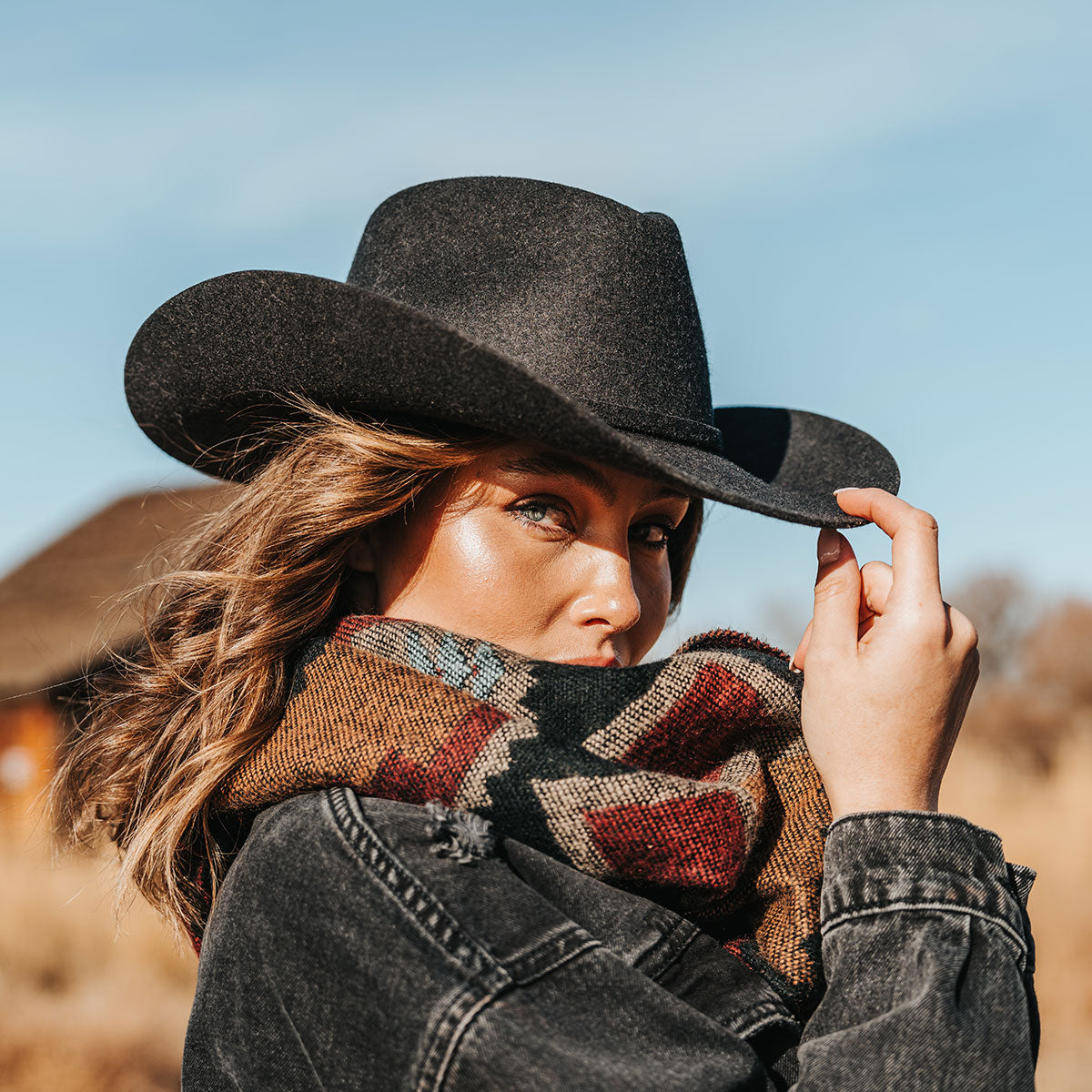 FREEBIRD women's Kolten dark grey wool hat with a curved brim, front pinch crown and silk bandana interior lifestyle