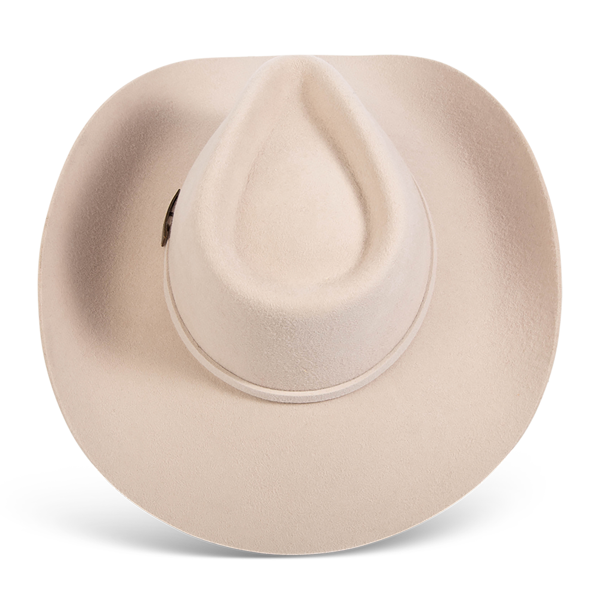 Top view showing FREEBIRD women's Kolten beige wool hat with a curved brim and front pinch crown