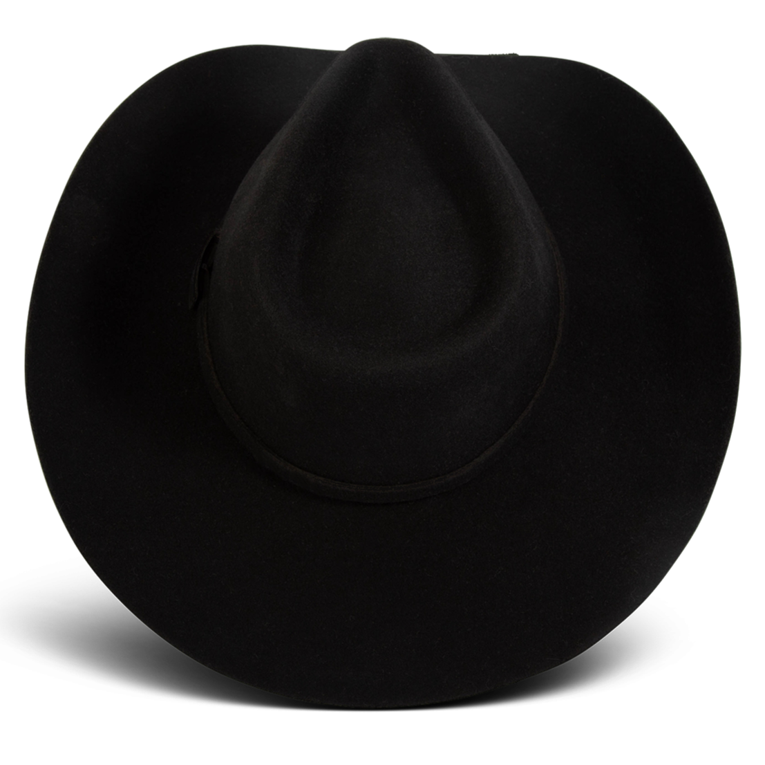 Top view showing FREEBIRD women's Kolten black wool hat with a curved brim and front pinch crown 