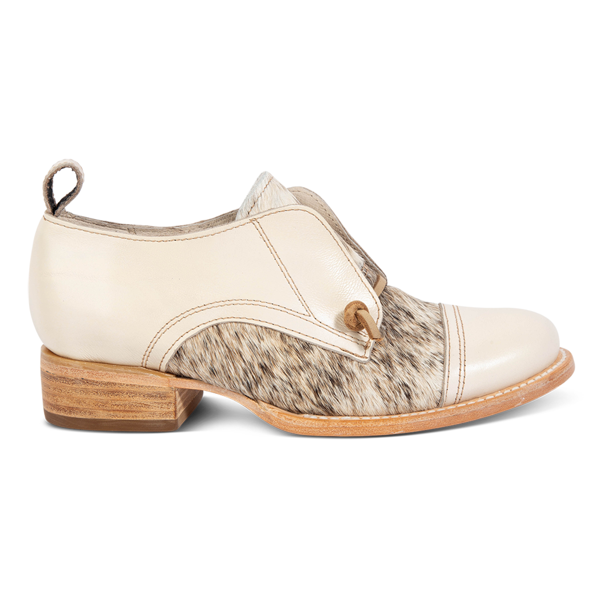 FREEBIRD women's Mabel beige multi pony hair low heel slip on oxford