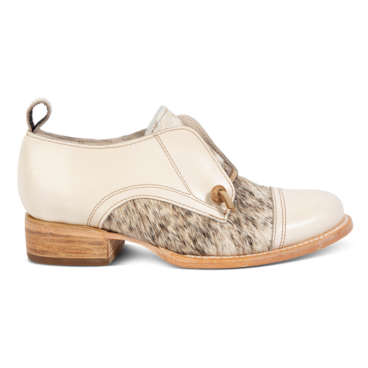 FREEBIRD women's Mabel beige multi pony hair low heel slip on oxford