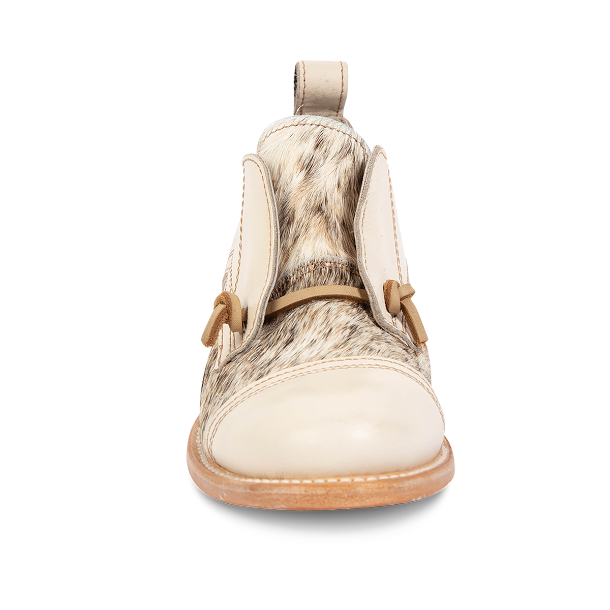 Front view showing decorative knotted leather lace and hidden elastic around tongue on FREEBIRD women's Mabel beige pony multi shoe