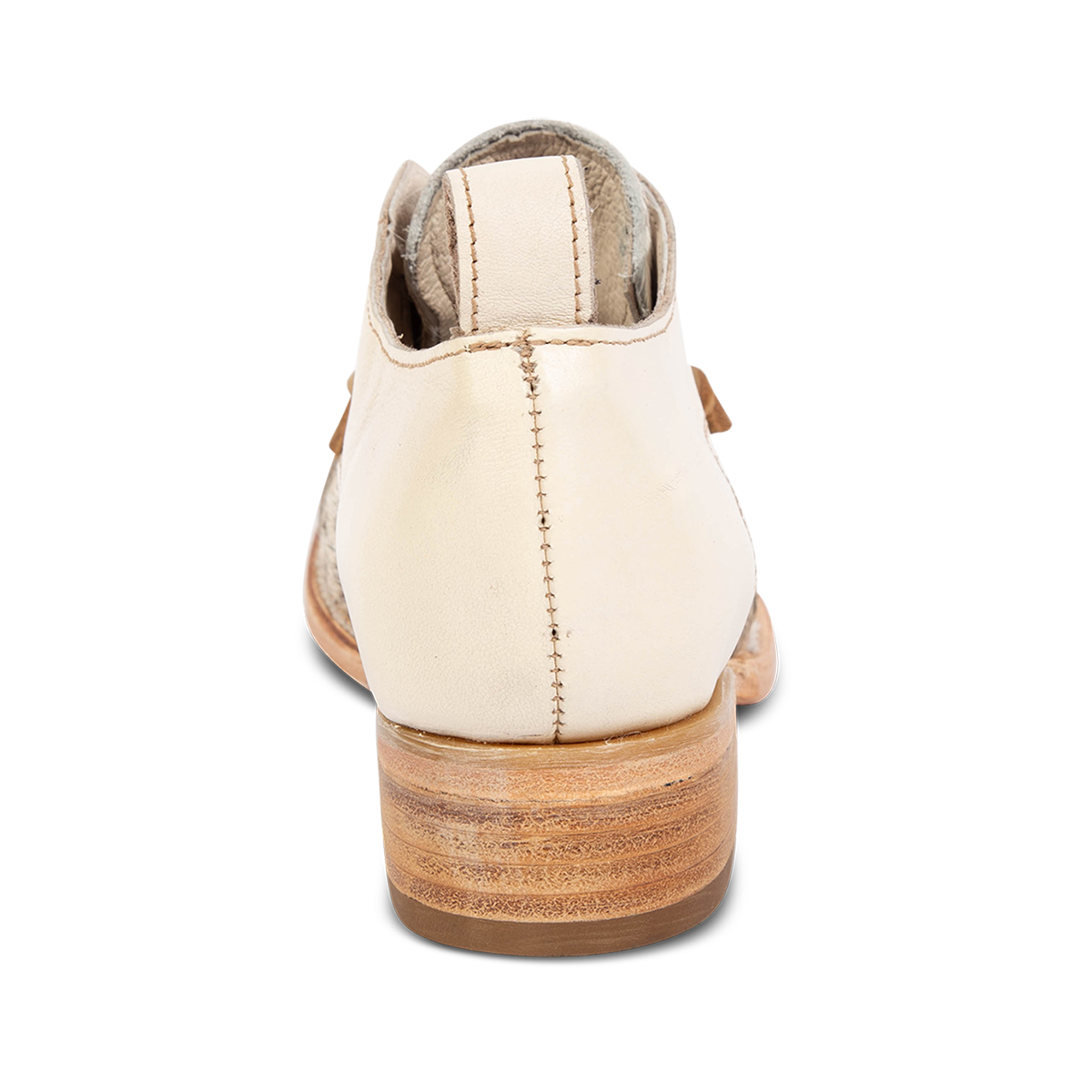 Back view showing leather pull tab on FREEBIRD women's Mabel beige pony multi shoe