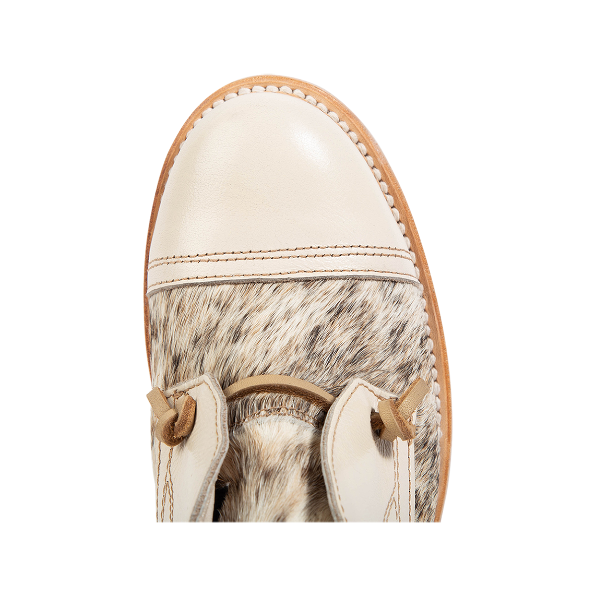 Top view showing almond toe and decorative knotted leather lace on FREEBIRD women's Mabel beige pony multi shoe